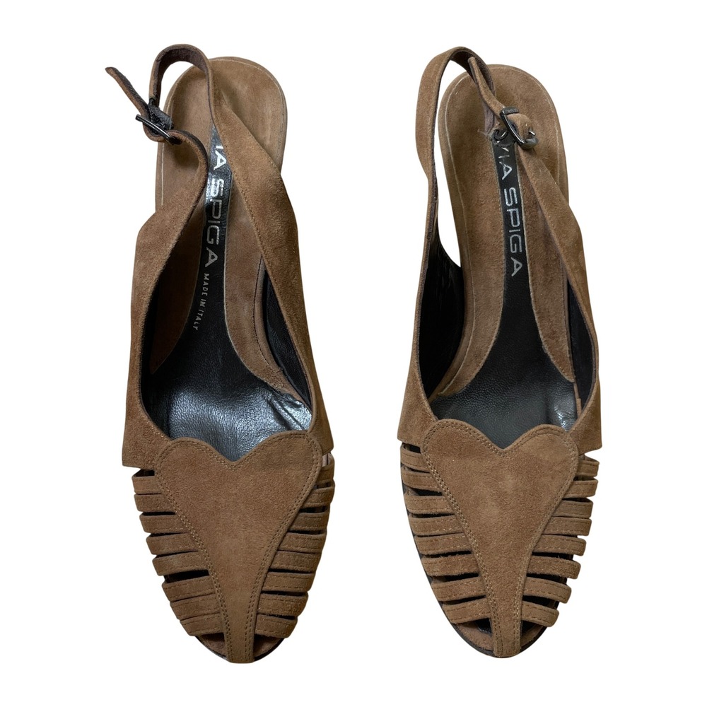 Via Spiga Brown Suede Heart Cage Slingback Heels Made in Italy‎ Women's 7.5 M